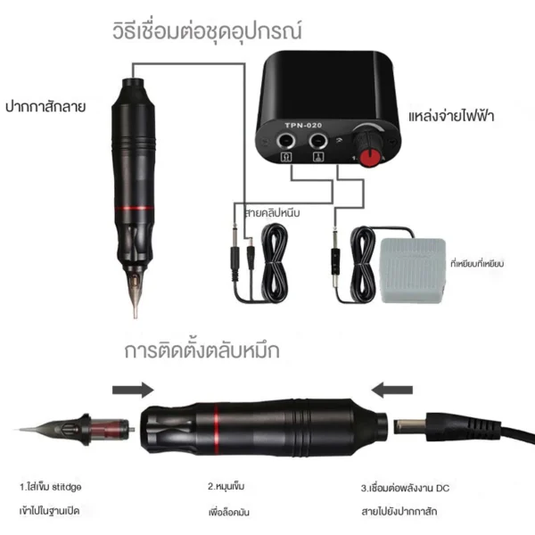 เครื่องสัก[จัดส่งจากกรุงเทพฯ]ไร้สายเลาย ปากกาสัก ครบชุด เม็ดสี Tattoo Machine ชุดสักลายครบชุด - Image 2
